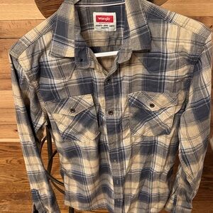 Wrangler Blue and Tan Plaid Flannel Shirt
